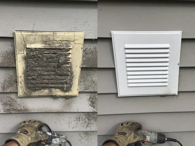 North Reading Dryer Vent Cleaning technician installing high-quality dryer vent cover at a residential property in North Reading