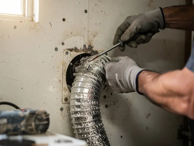 North Reading Dryer Vent Cleaning technician performing precise dryer vent hose installation in North Reading